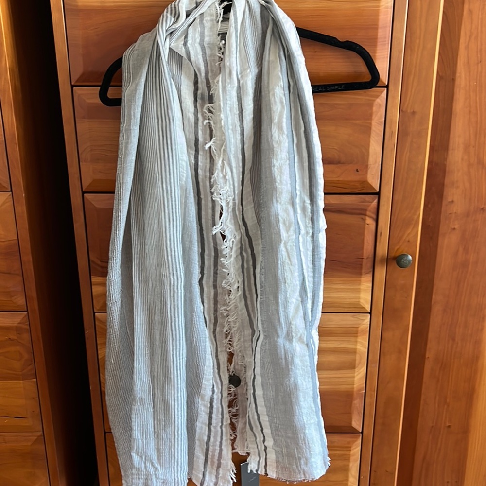 Emile Lafaurie white/grey striped cotton/linen lightweight Scarf Fringe NWT